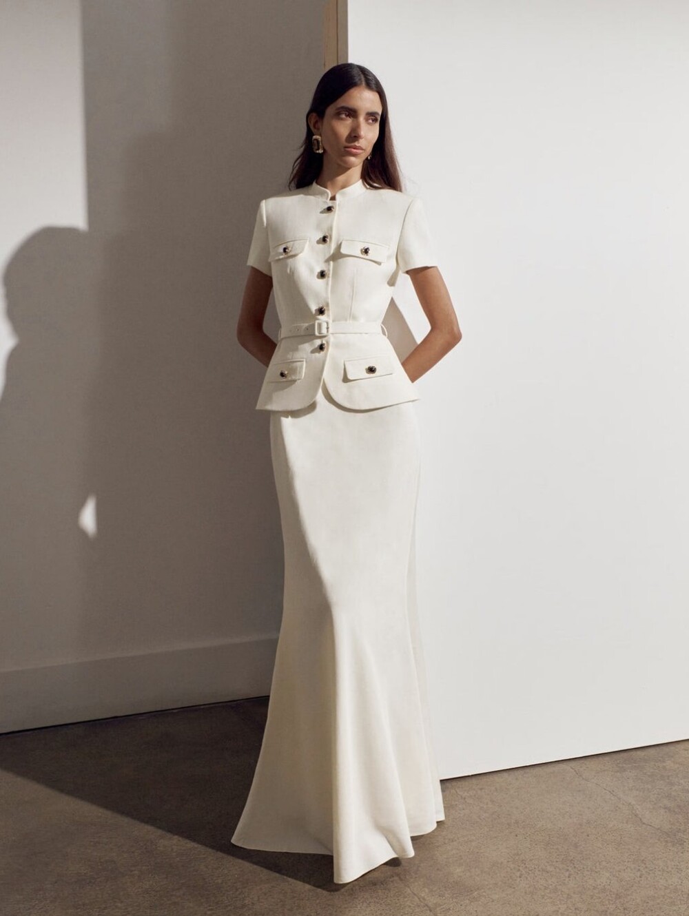 Self Portrait Cream Linen Blend Peplum Maxi Dress